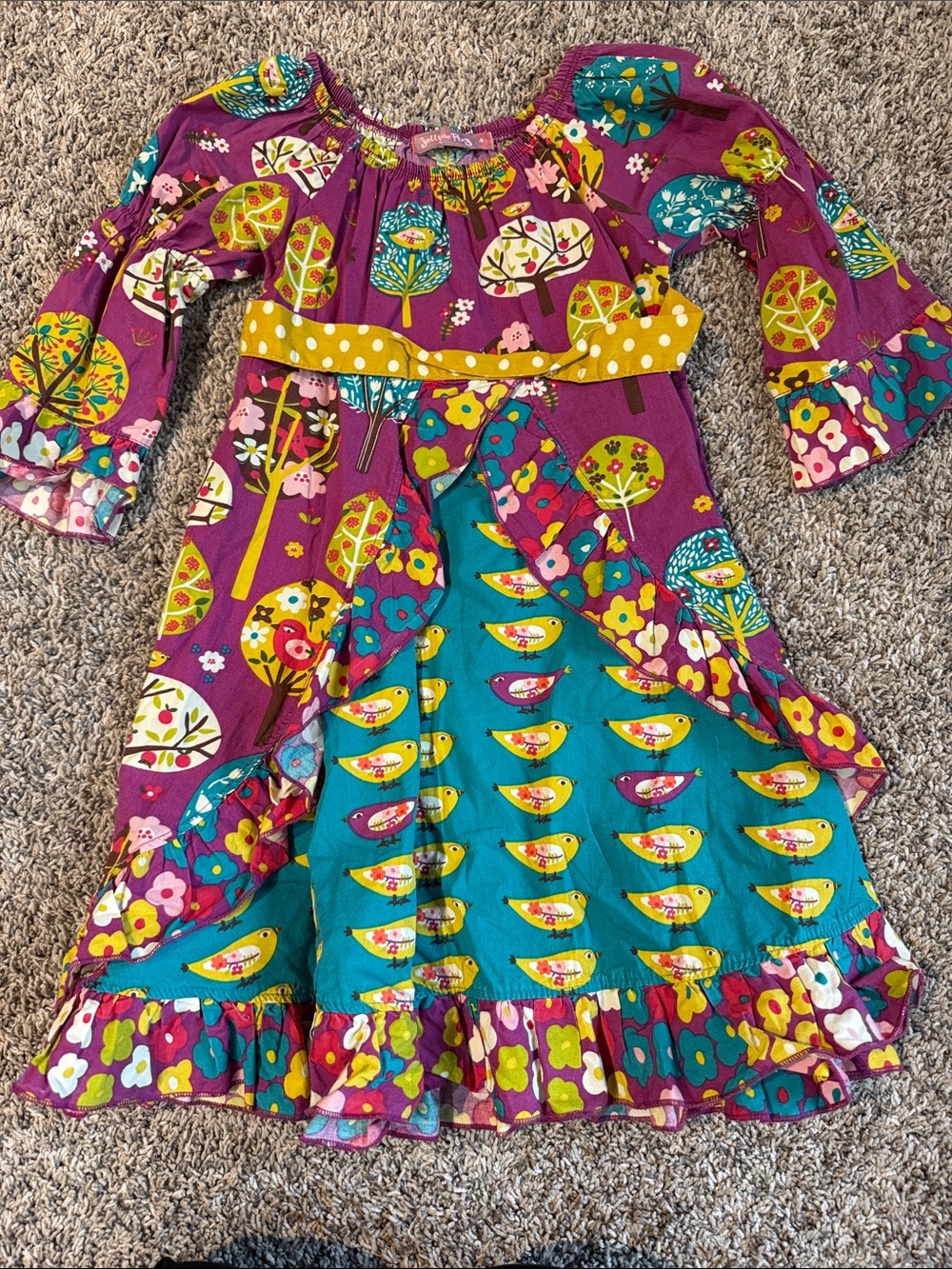 Girls Purple & Teal Bird-Print Ruffle Hem Dress with Polka Dot Waist